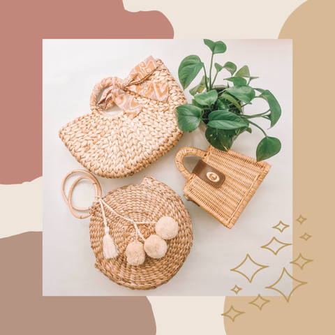 Straw bags, tropical leaves