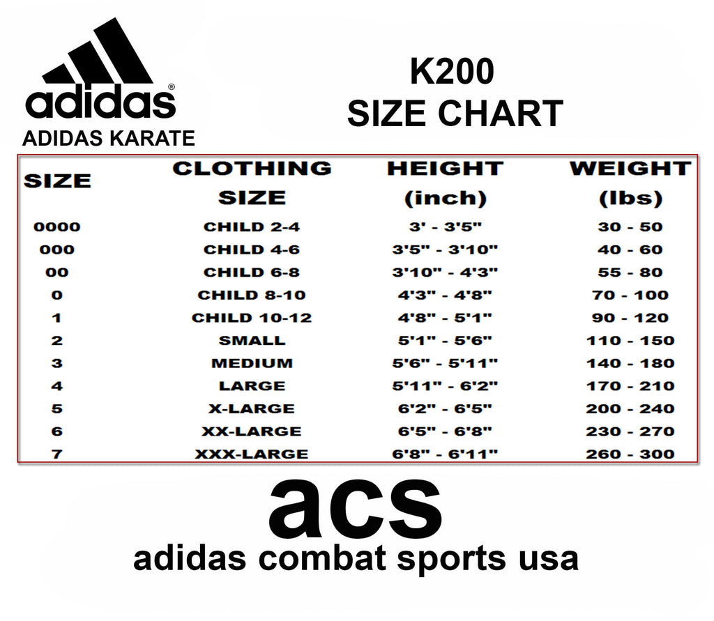 adidas karate uniform size chart