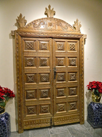 Antique Carved Honey Pine Door