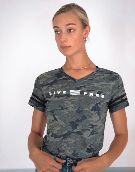 Ladies V-Neck “Live Free” Tee