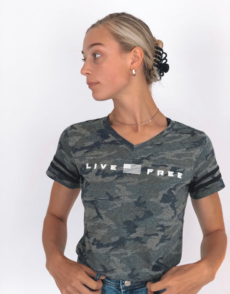 Ladies V-Neck “Live Free” Tee