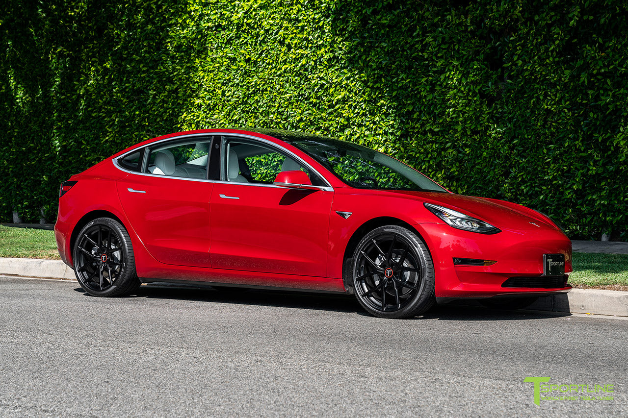 Red Multi-Coat Tesla Model 3 with 20" Falcon Flow Forged Tesla Aftermarket Wheels in Ecliptic Black by T Sportline