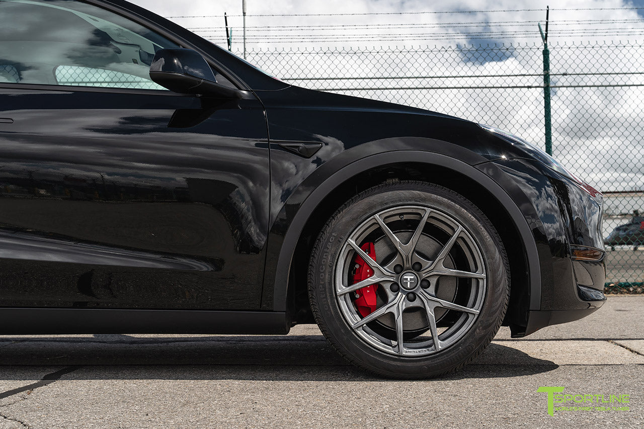 Black Tesla Model Y with 19 inch Falcon Y Flow Forged Wheels in Moonrock Gray by T Sportline