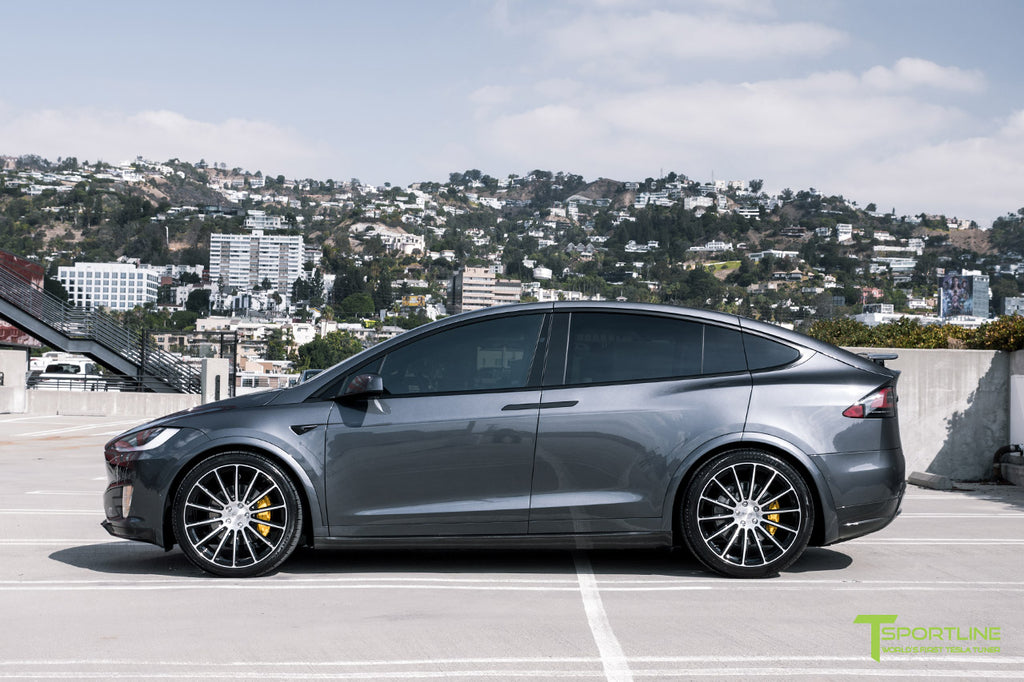 Midnight Silver Metallic Model X with Painted Plastic Panels, Carbon Fiber Upgrades, and Forged Wheels