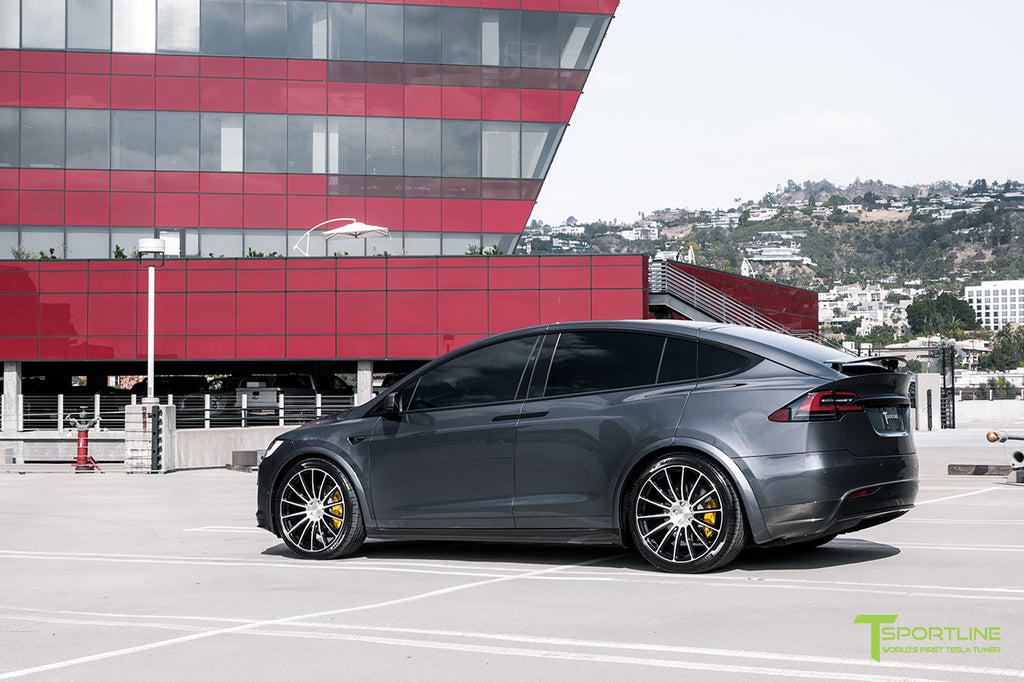 Midnight Silver Metallic Model X with Painted Plastic Panels, Carbon Fiber Upgrades, and Forged Wheels