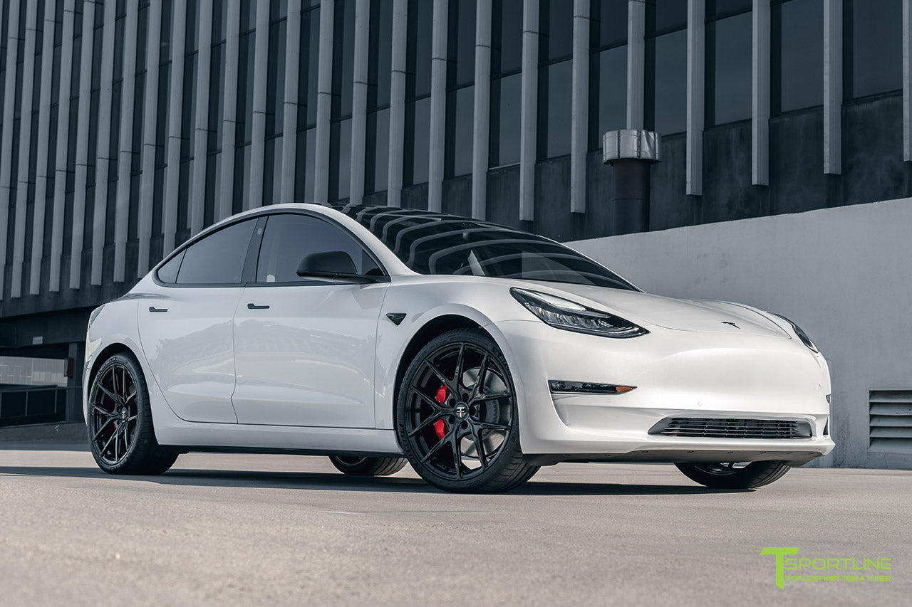 Pearl White Tesla Model 3 with 20 inch Gloss Black Falcon Flow Forged Wheels by T Sportline