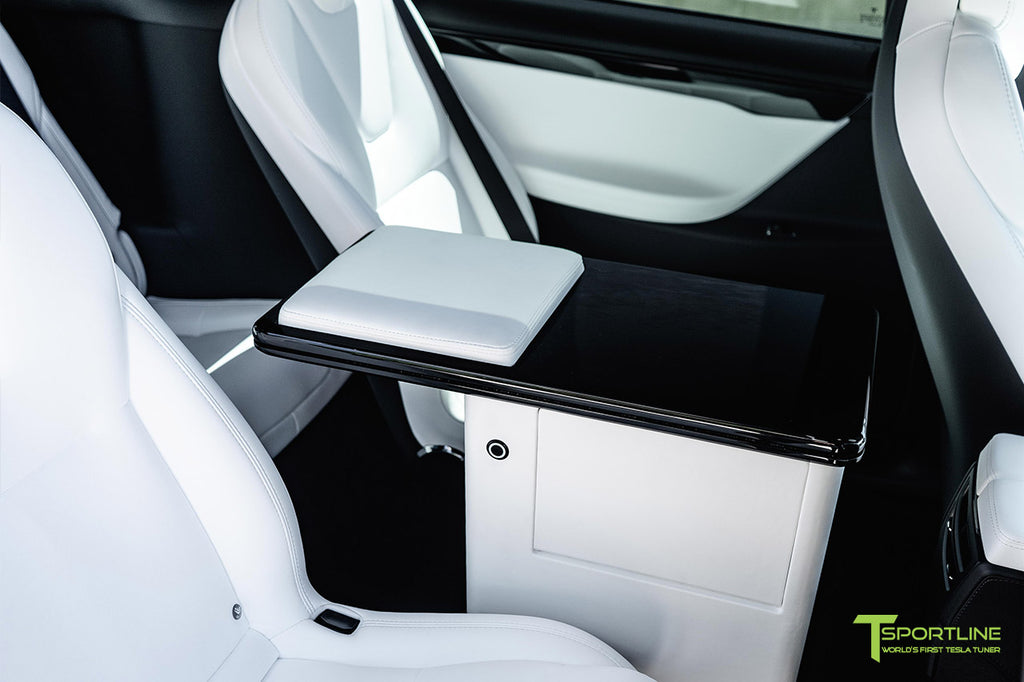 Tesla Model X Ultra White Bespoke Interior with Fold Out Work Table VIP Executive Desk