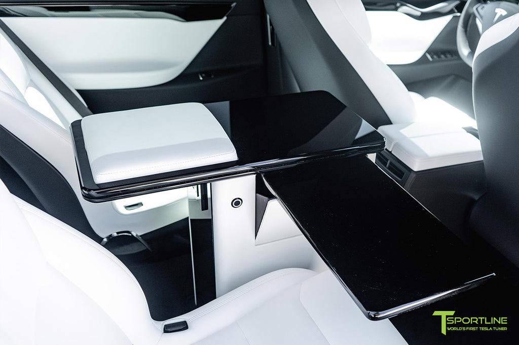 Tesla Model X Ultra White Bespoke Interior with Fold Out Work Table VIP Executive Desk