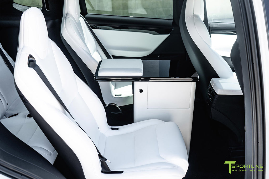 Tesla Model X Ultra White Bespoke Interior with Fold Out Work Table VIP Executive Desk