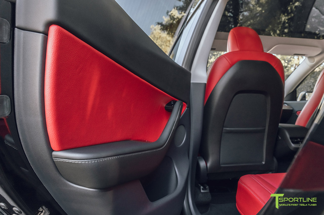 Tesla Model Y Reupholstered Custom Red Leather Interior with Red Leather Door Inserts by T Sportline