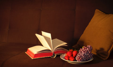 book and snacks on a couch