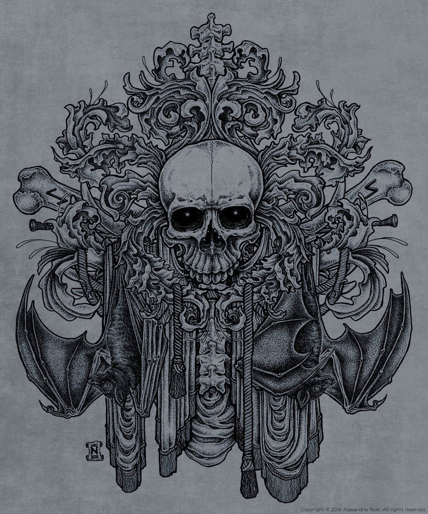gothic skull bats filigree rune illustration by alexandria noel