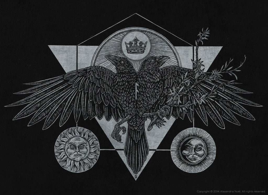 huginn and muninn norse mythology raven illustration by alexandria noel