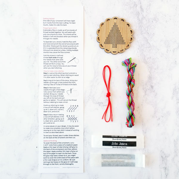 Wood cross stitch ornament kit by Red Gate Stitchery