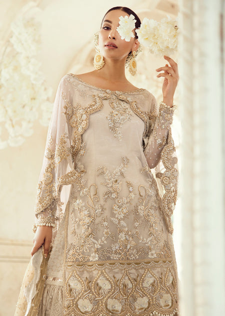 Pakistani Bridal Gharara For Wedding In Ivory Color Nameera By Farooq 
