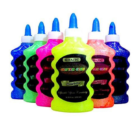 Emraw Assorted Sparkle Bright Neon Colored Washable Non Toxic Liquid Glitter Glue in a 6.76 oz Bottle for Arts Crafts, School Projects, (6 Pack)