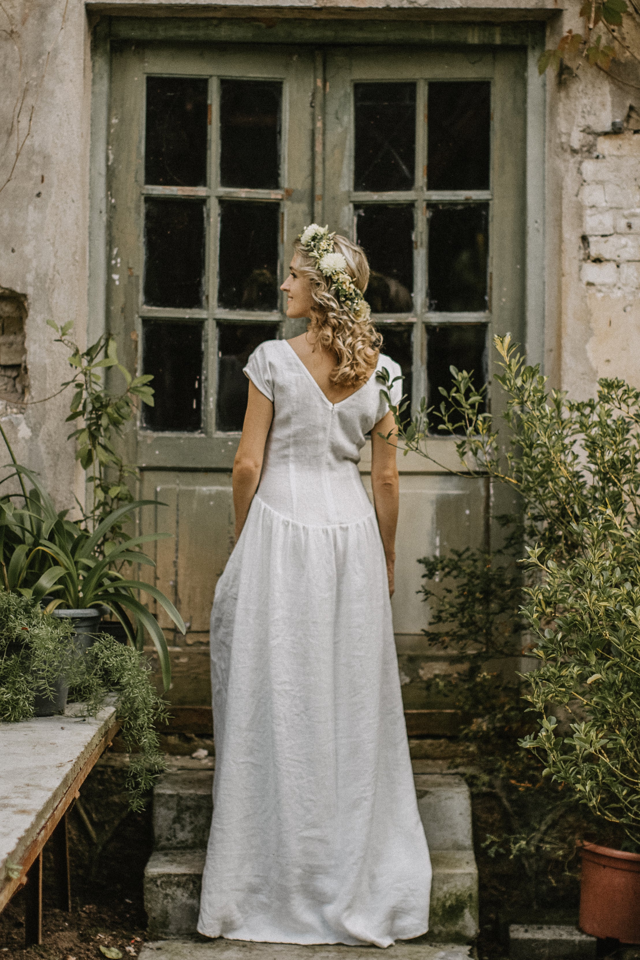 white linen wedding dresses