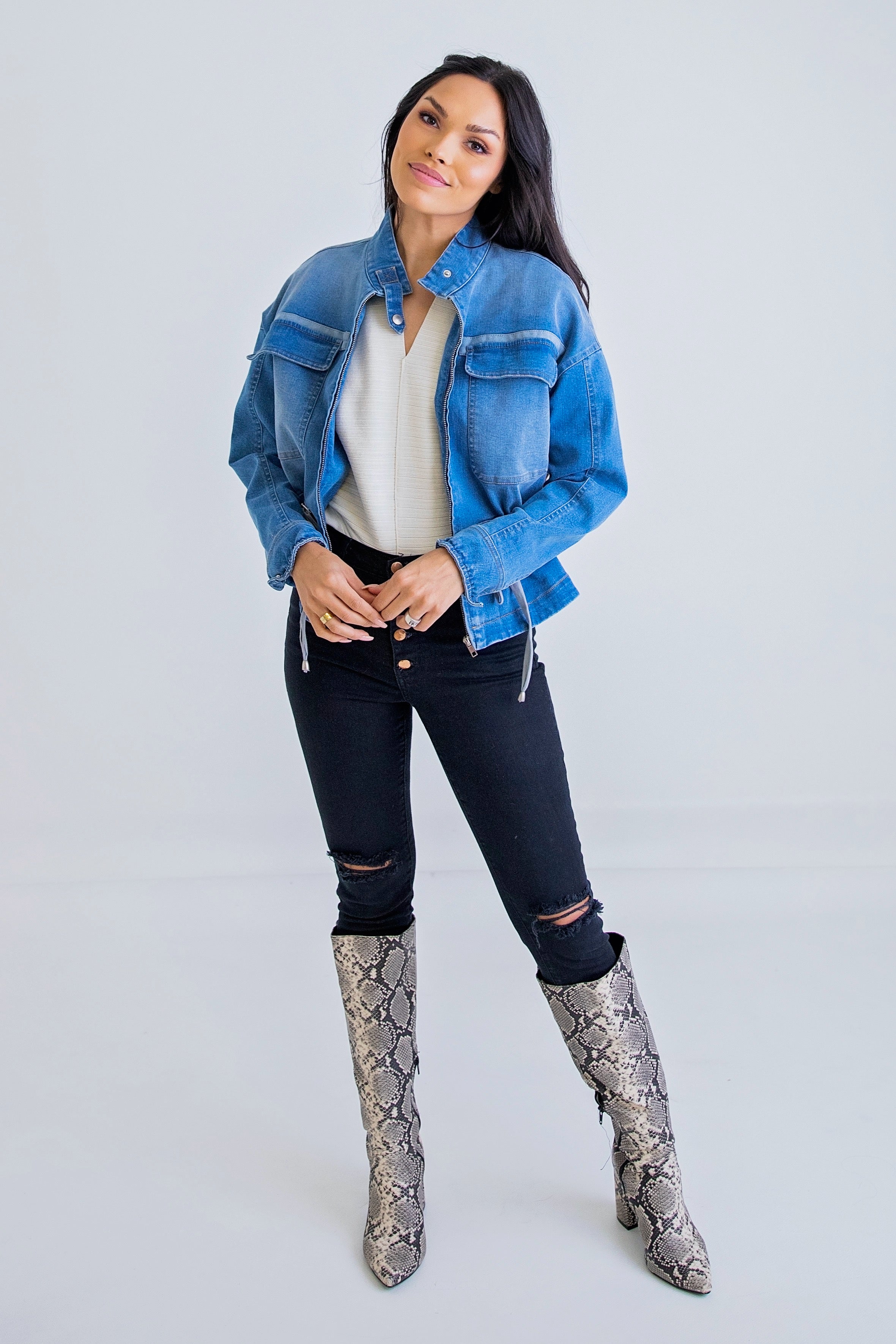 Cinched Waist Denim Jacket