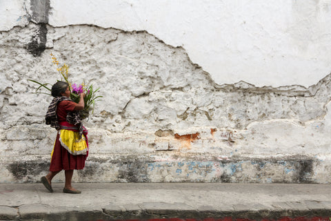 latin american woman carrying plants in front of white wall