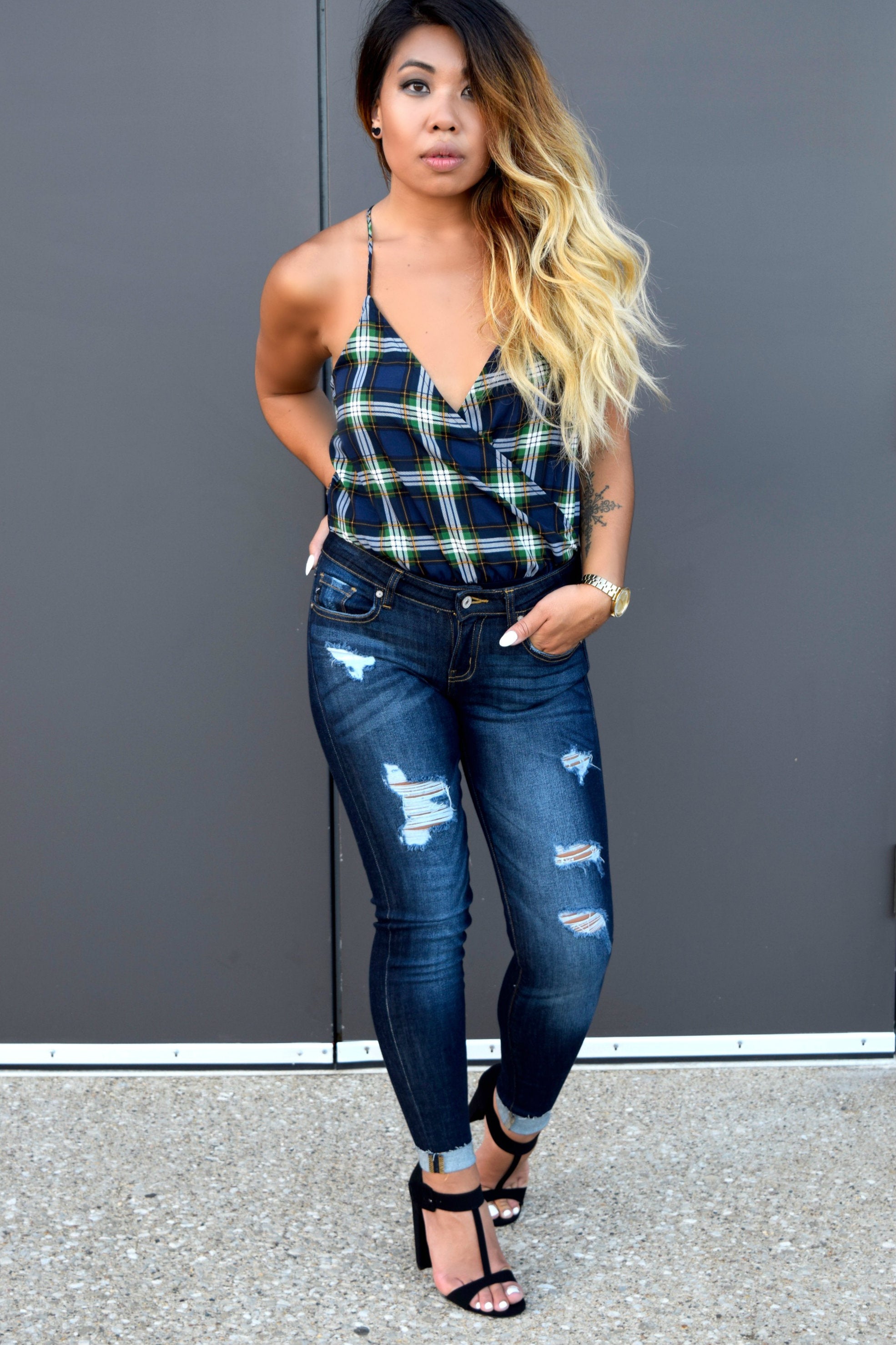 PLAID ABOUT YOU GREEN AND BLUE BODYSUIT