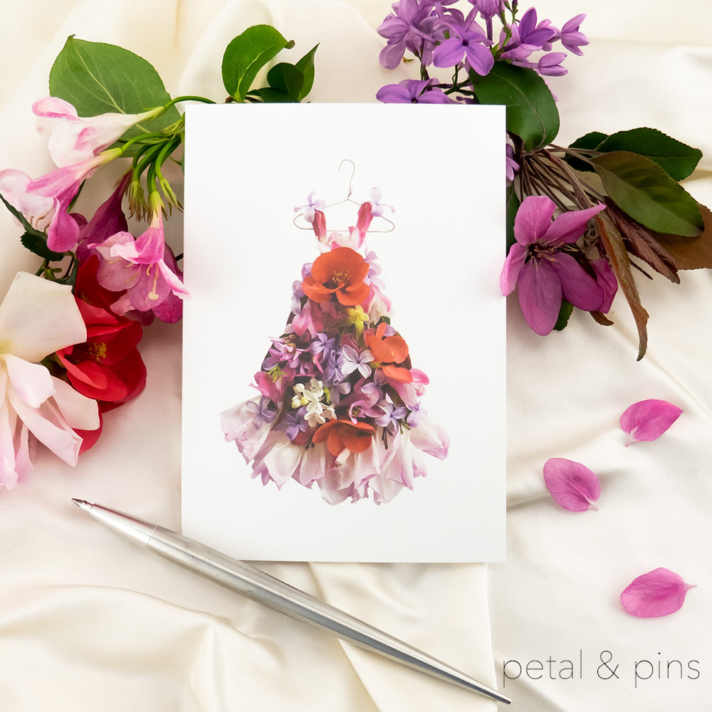 petal & pins patchwork dress card styled with pen and flowers