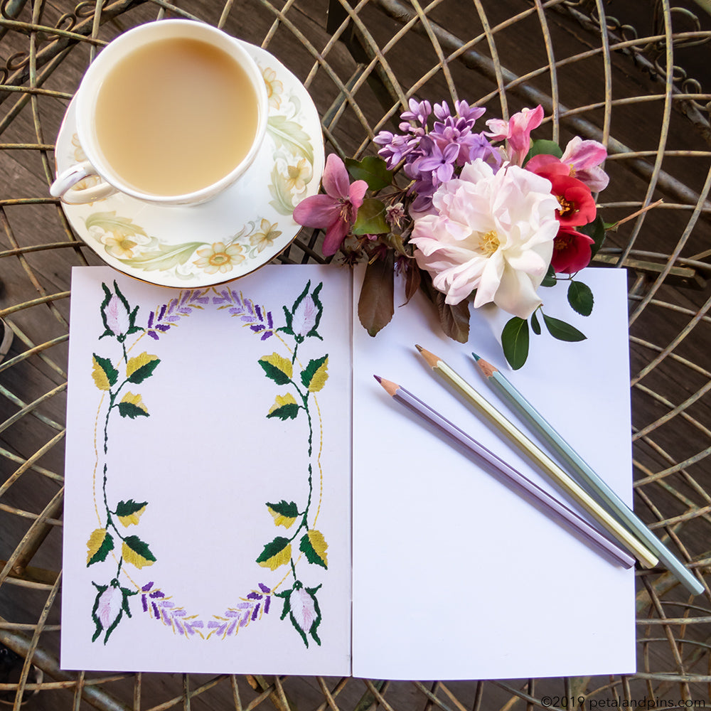 petal & pins notebook with a cup of tea and patchwork posy