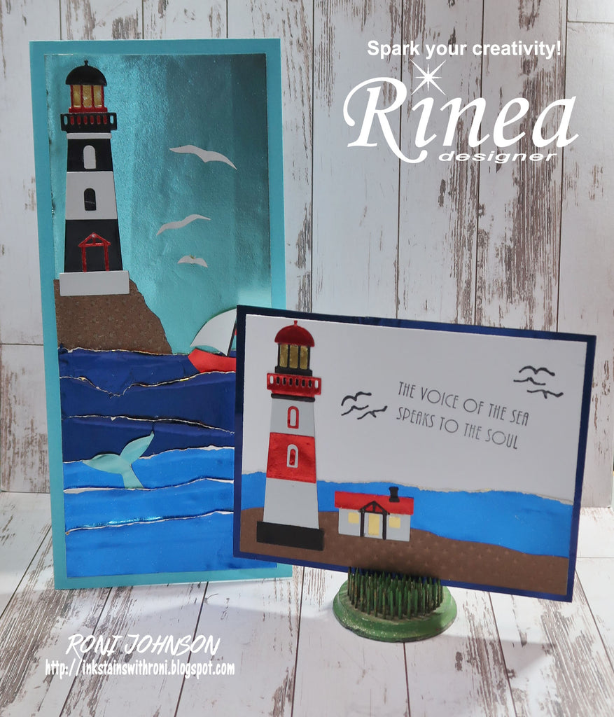 Rinea Foiled Paper DieCut Lighthouse Scene Cards by Roni Johnson