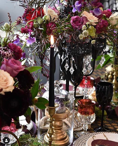 Jewel Tone Halloween Tablescape with Black Glasses