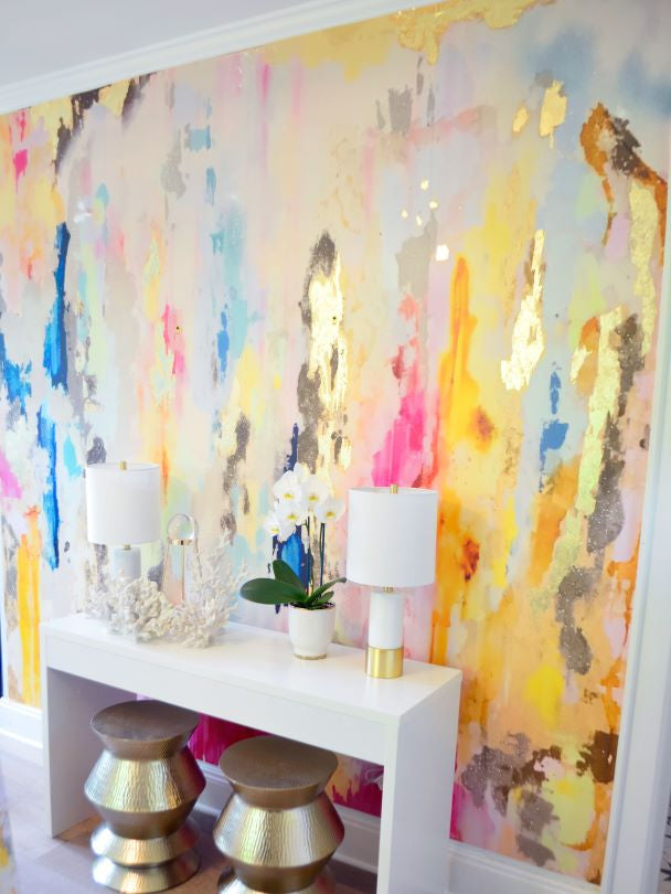 Multi color and gold large wall mural in entry way