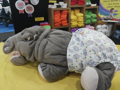 Hippopotamus mascot wearing a Hippybottomus modern cloth nappy