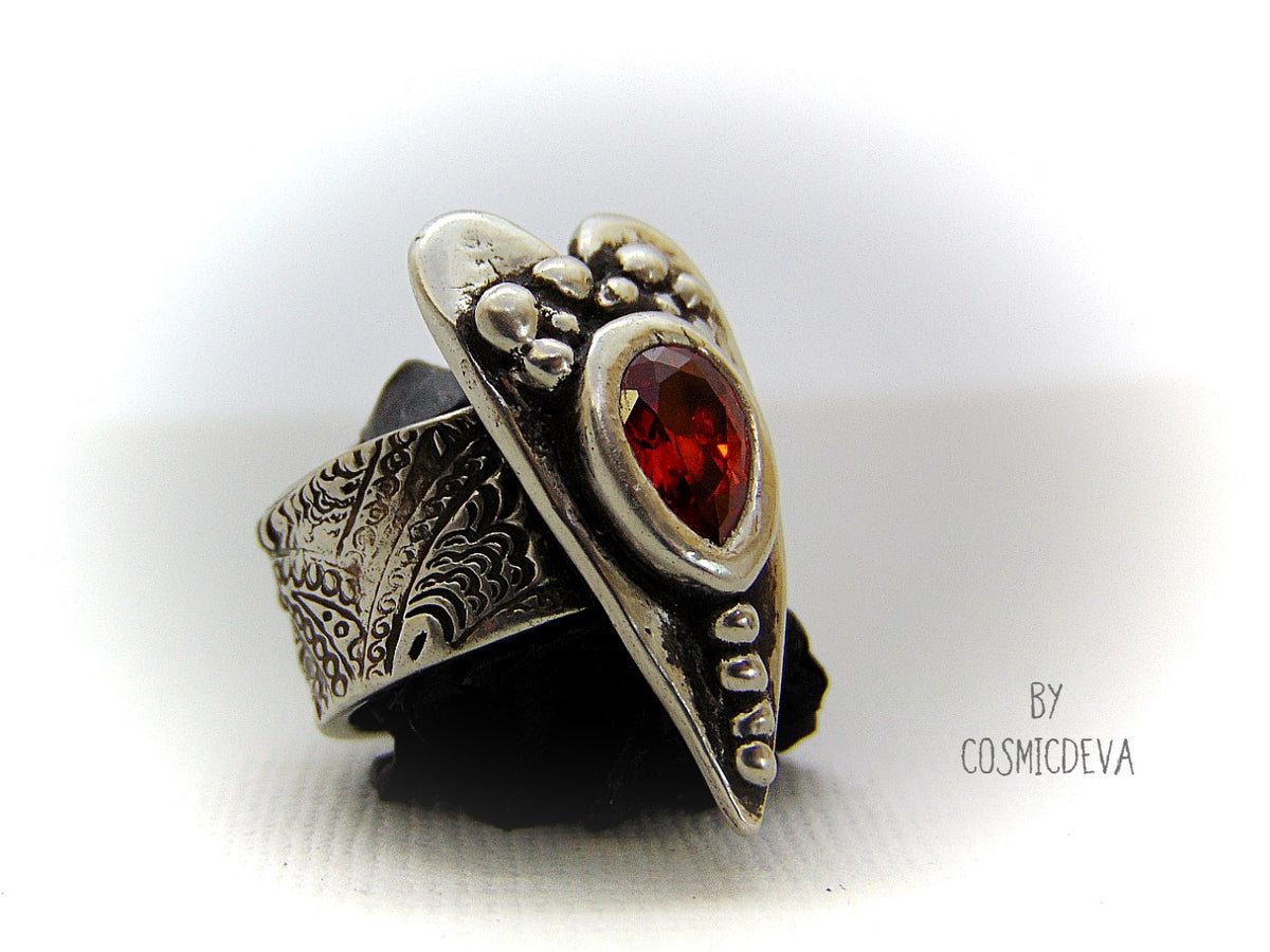 Sterling Silver Heart Ring Red Fire Opal Wide Band US 7. 1/4 Ring