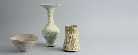 Lucie Rie stoneware vases and bowl with volcanic glaze for sale