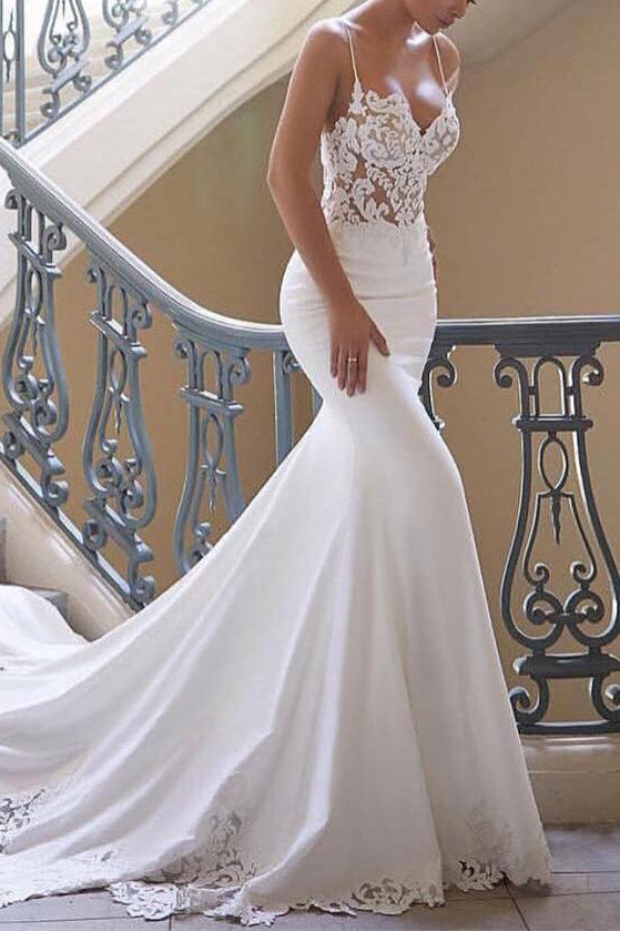 mermaid lace wedding dress with spaghetti straps