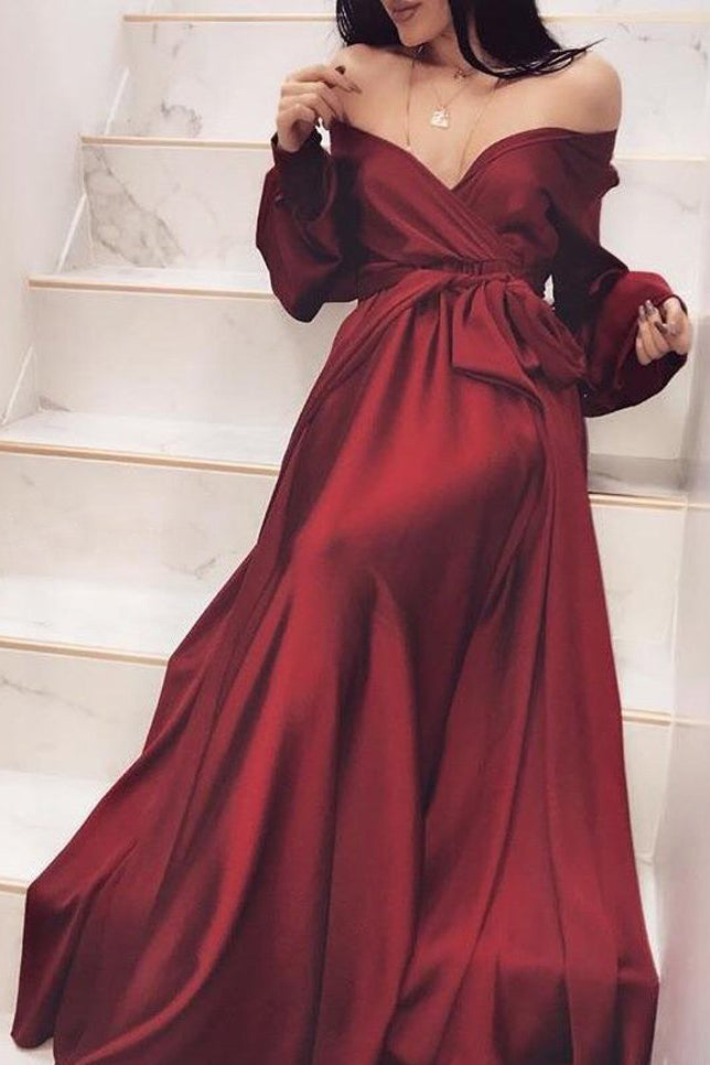 red off the shoulder long sleeve prom dress