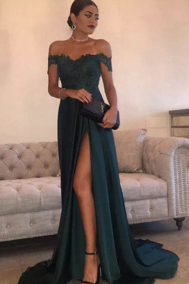 off the shoulder green prom dress