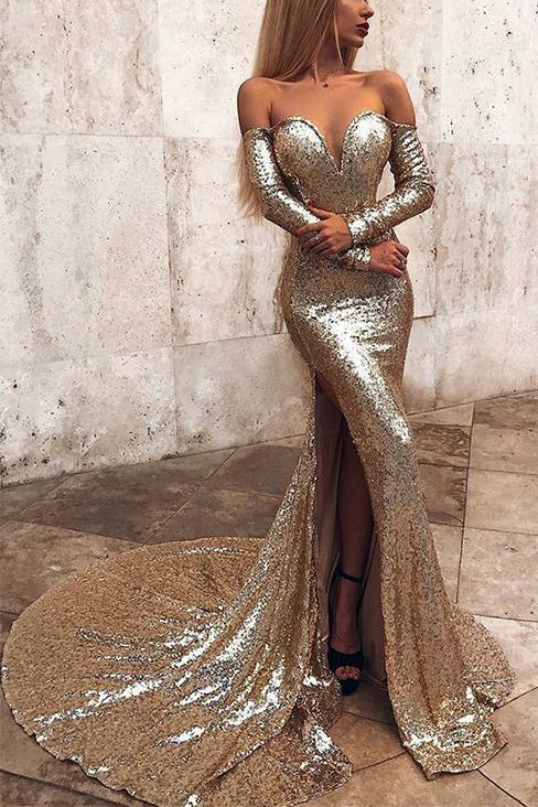 gold long sleeve prom dresses