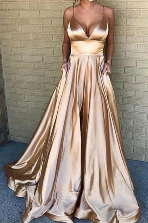 gold v neck prom dress