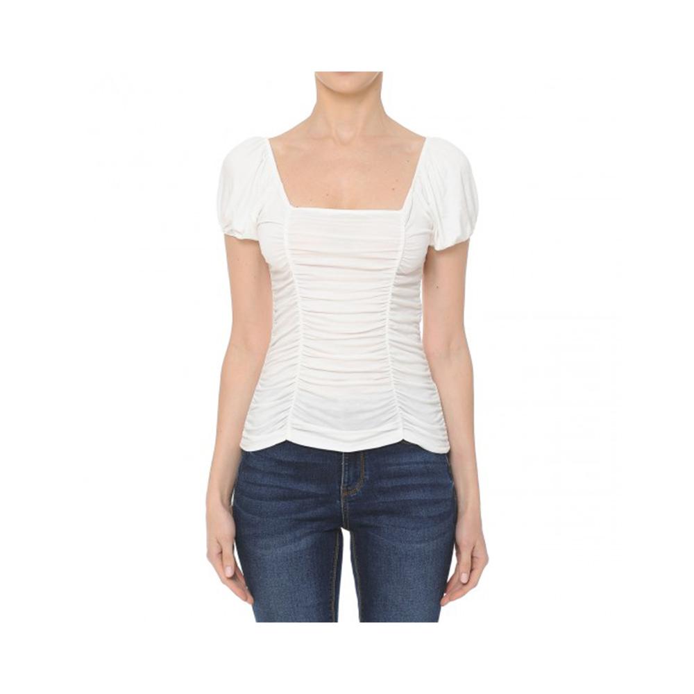 Aplaze Ruched Front Square Neck Short Puff Sleeve Top Off White 72804