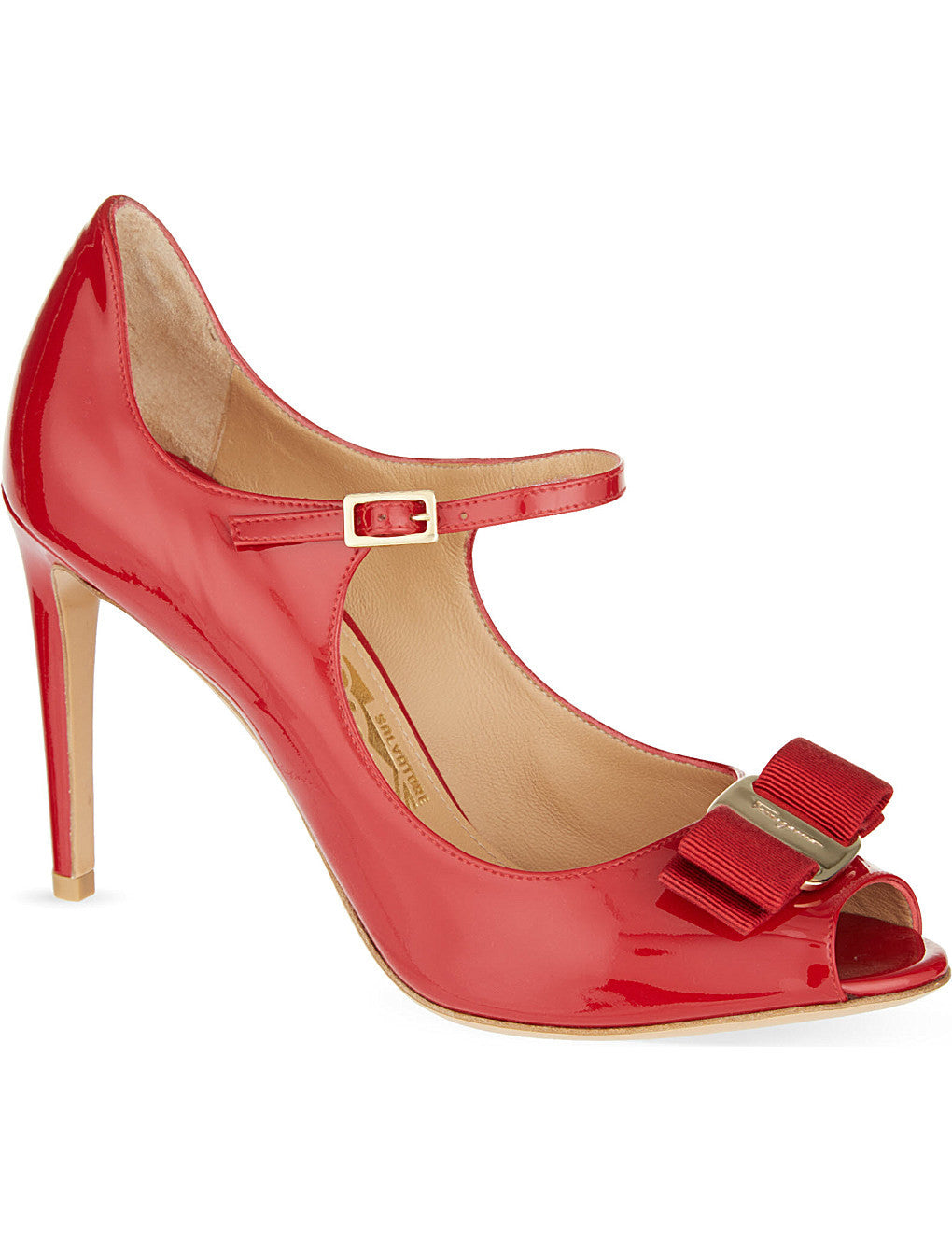 Salvatore Ferragamo Mood Patent Peep Toe Pumps Red <br> Size 42