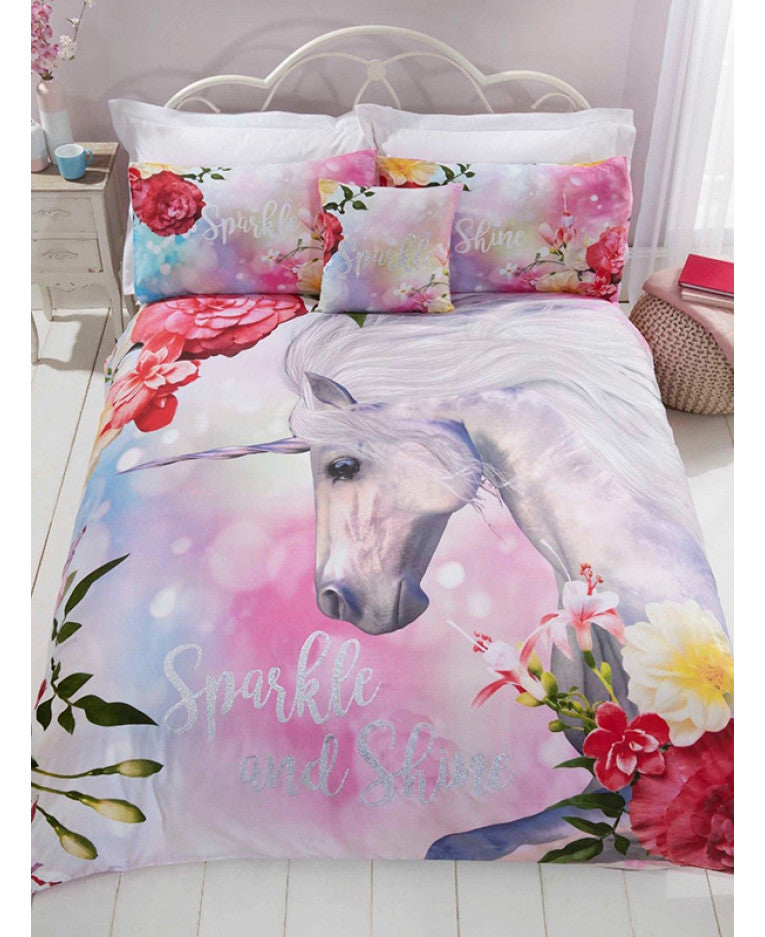 New Unicorn Shine Glitter Effect Single Bed Duvet Cover Set