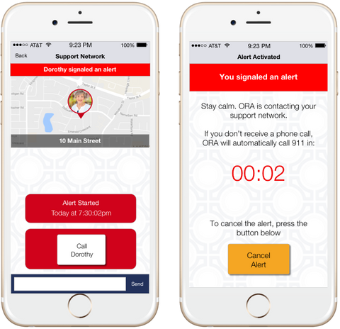 The ORA app sends notifications to Contacts and calls 911. ORA is the only app based panic button that uses your smartphone to call 911.