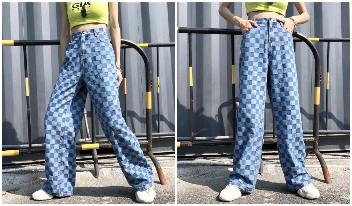 Checkered Grid Outfits Compilation Retro Checkered Washed Denim Pants itGirl Shop Blog
