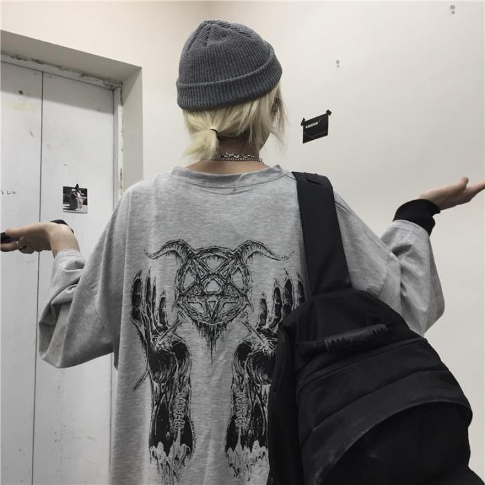Itgirl Shop Gray And Black Grunge Aesthetic Printed Oversized T Shirt 4396