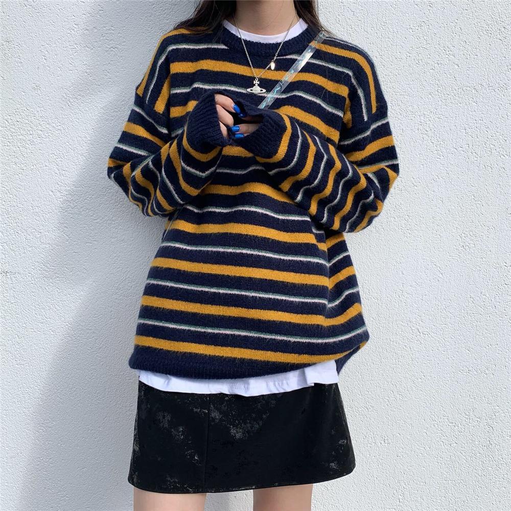 Itgirl Shop Korean Aesthetic Round Neck Striped Knitted Sweater 4614