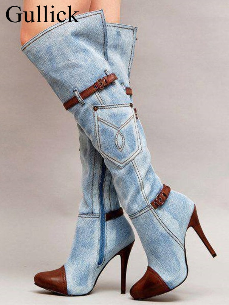 blue jean knee high boots