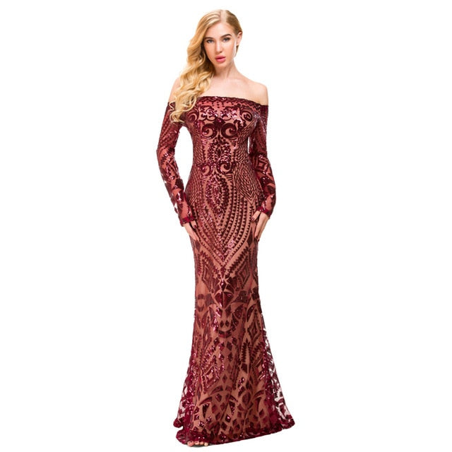 Burgundy Sexy Off Shoulder Sequined Dress Bodycon Floor Length