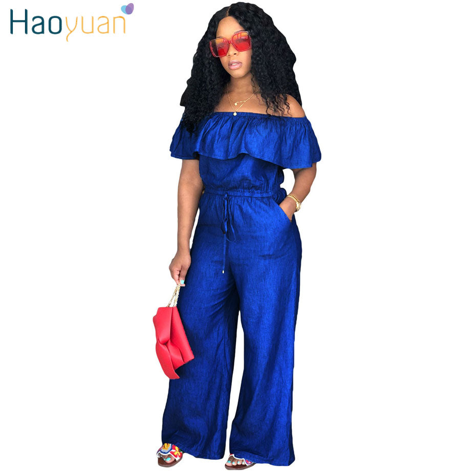 off the shoulder jean jumpsuit