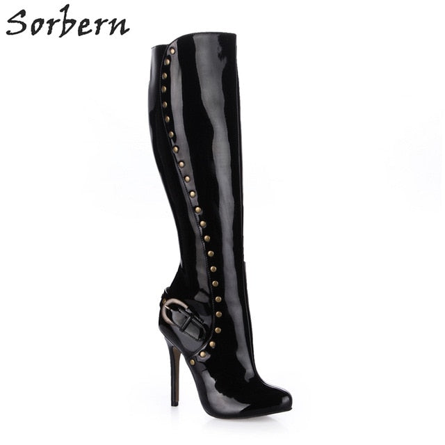 black patent high heel boots