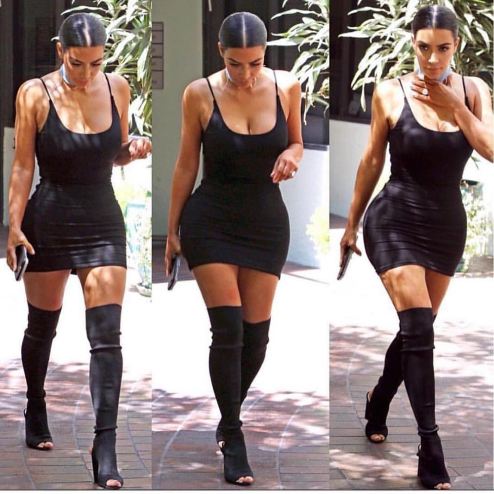 bodycon dress with thigh high boots