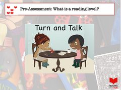 Illustration of two people sitting together at a table, with the following discussion prompt: Pre-assessment: What is a reading level? Turn and talk